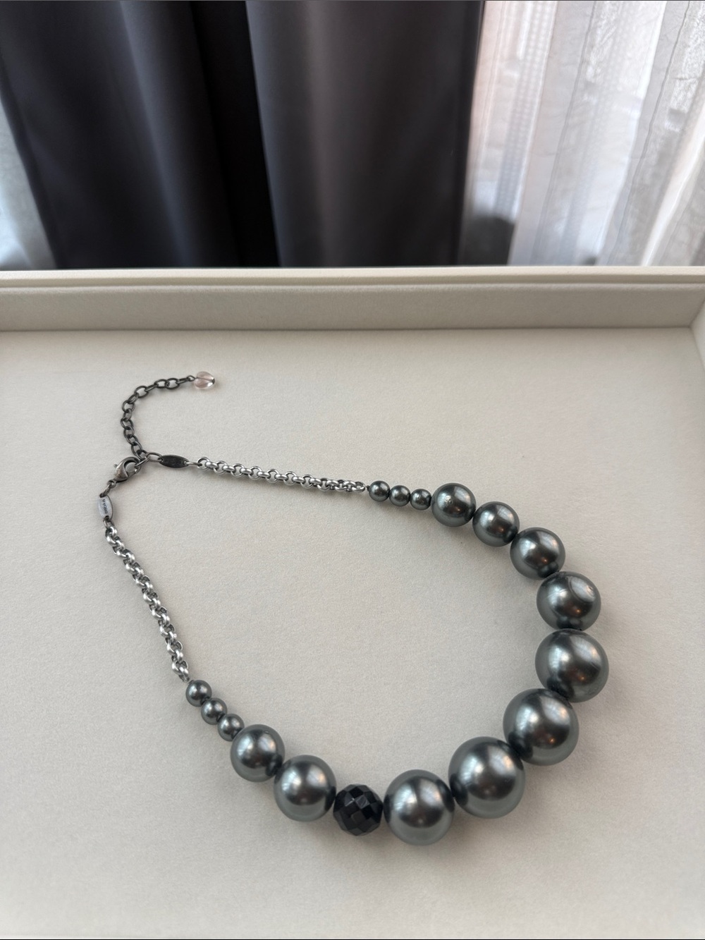 Sabika Gunmetal Gray Graduated Pearl Necklace with Faceted Accent